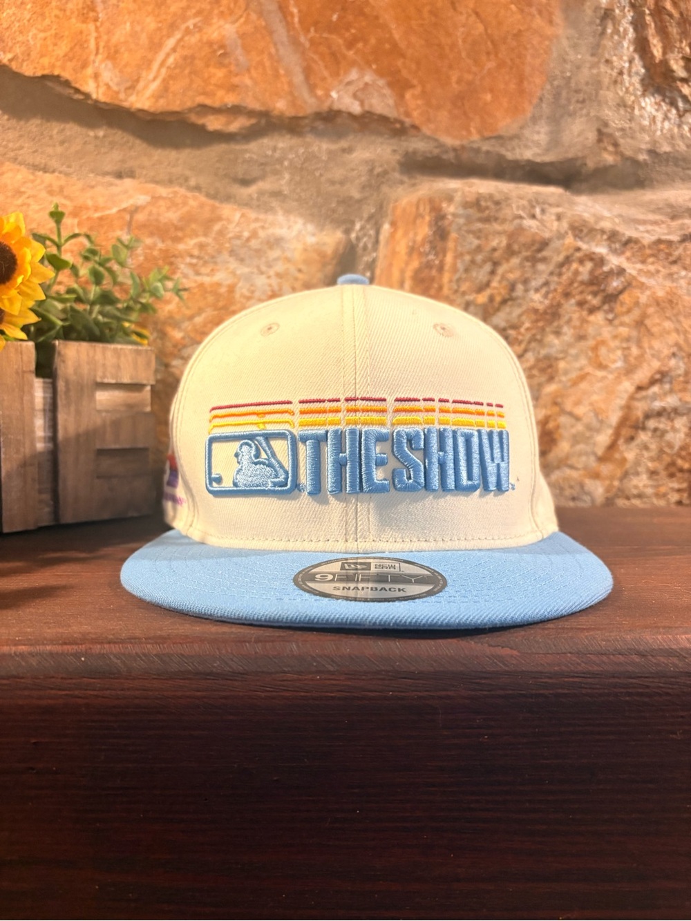 MLB The Show Cream Cap with Light Blue Visor and Multicolor Stripe Embroidery